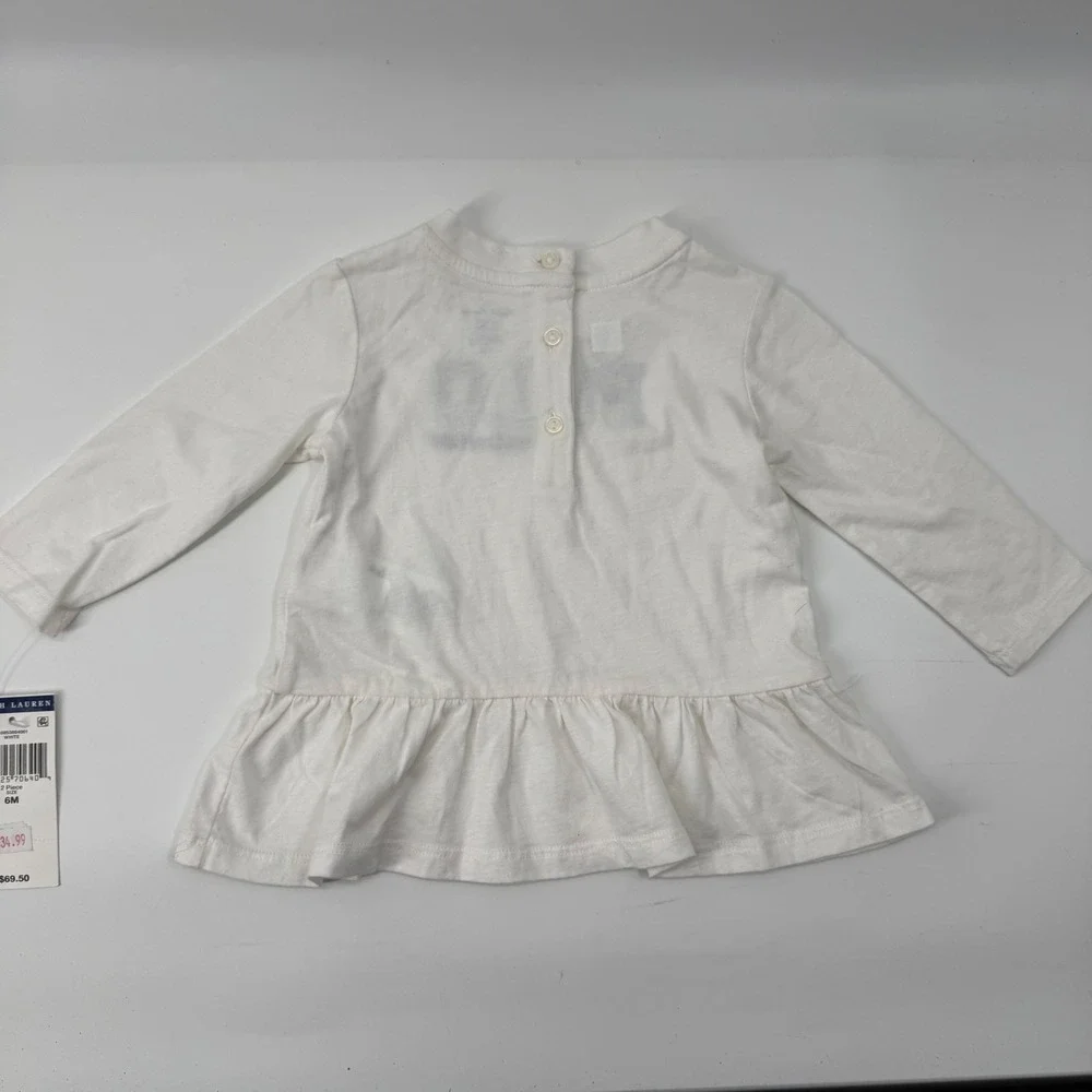 Ralph Lauren Baby Girls White Peplum Long Sleeve Polo Graphic Top 6M